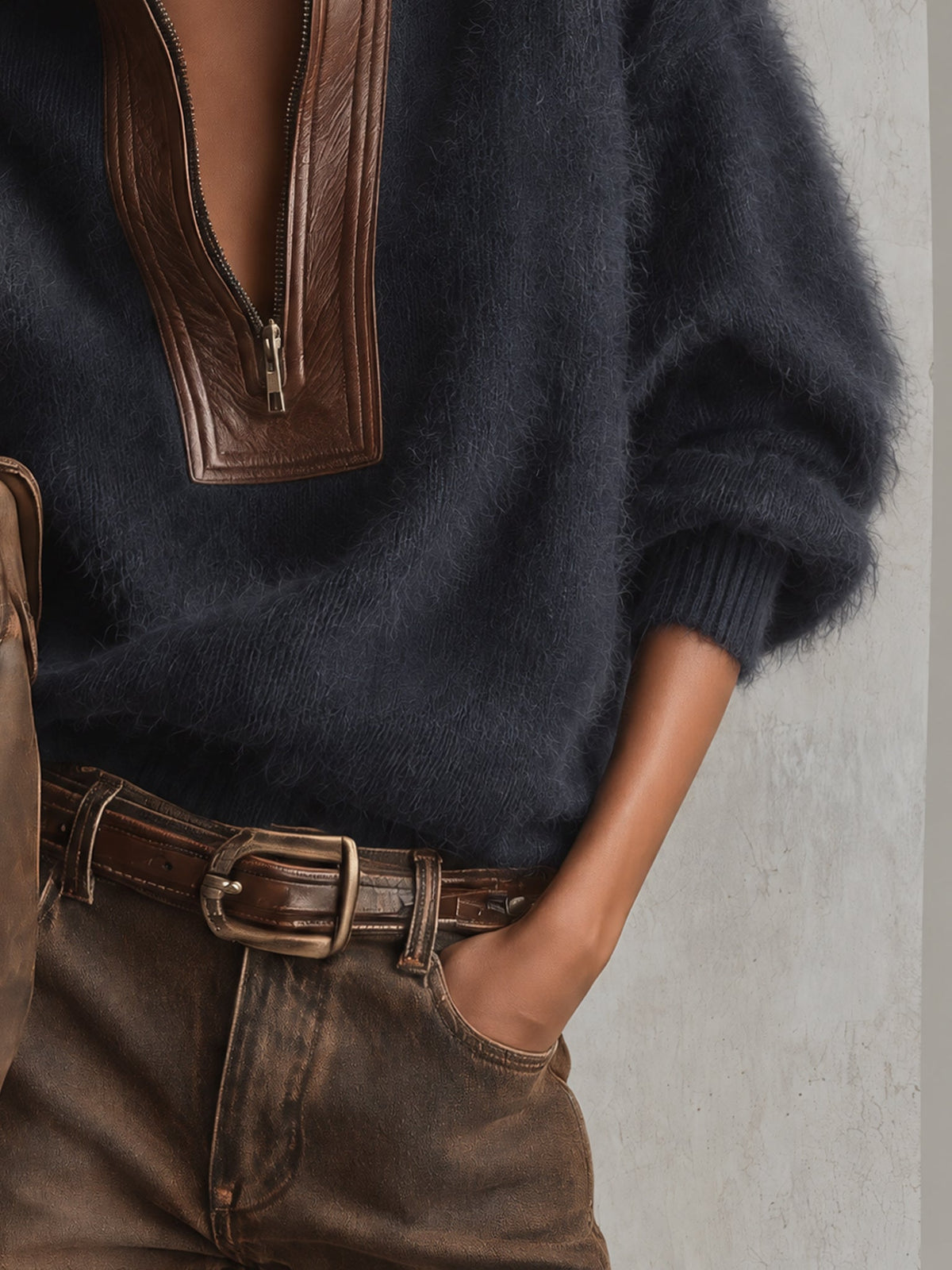 Pull en Mohair Oversize avec Détails en Cuir PU et Zip Demi