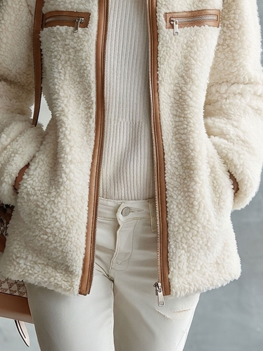 Veste à poche zippée en polaire écrue color-block marron rétro chic
