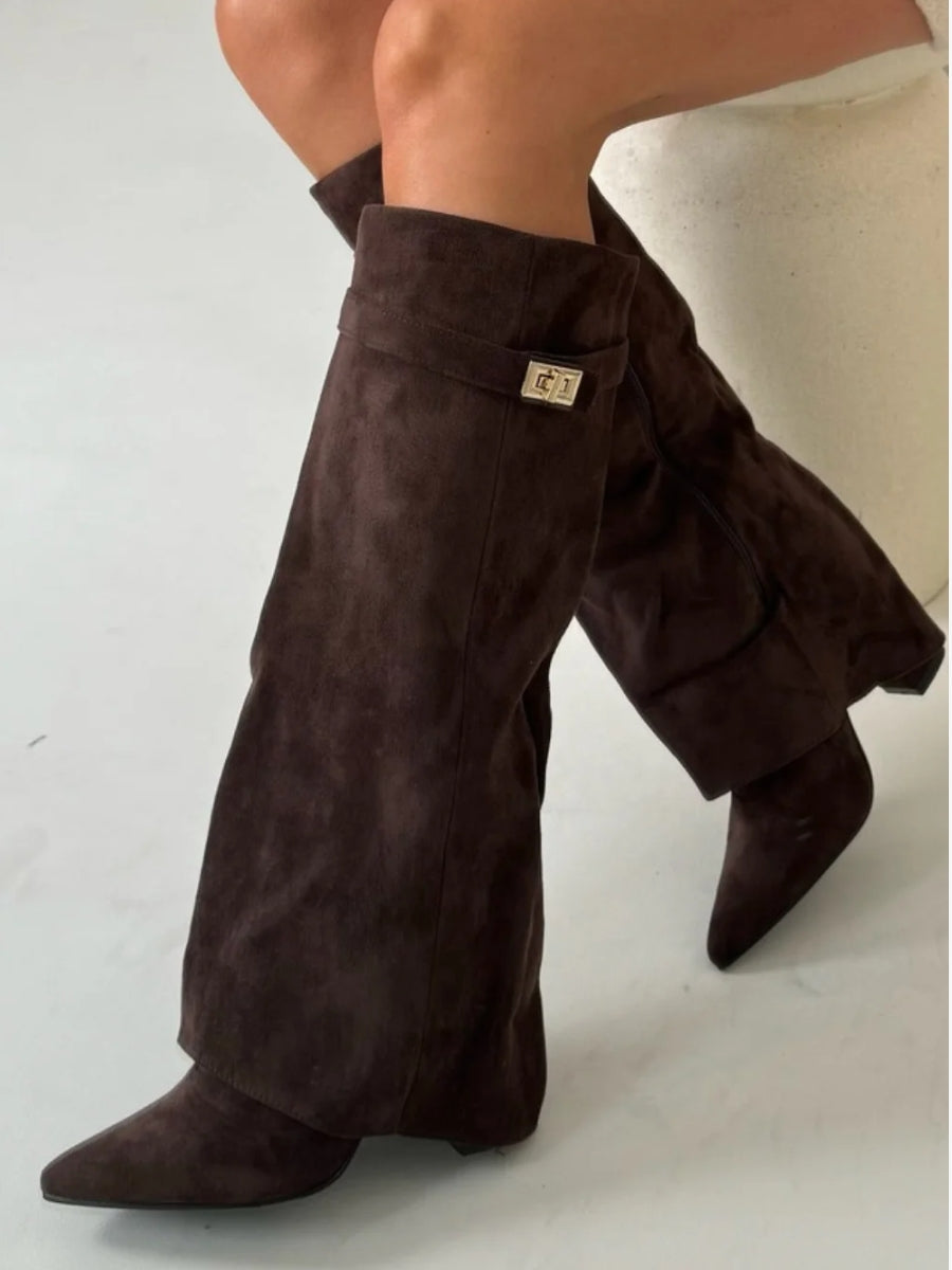 Ladies Suede Boots with Gold Fastening