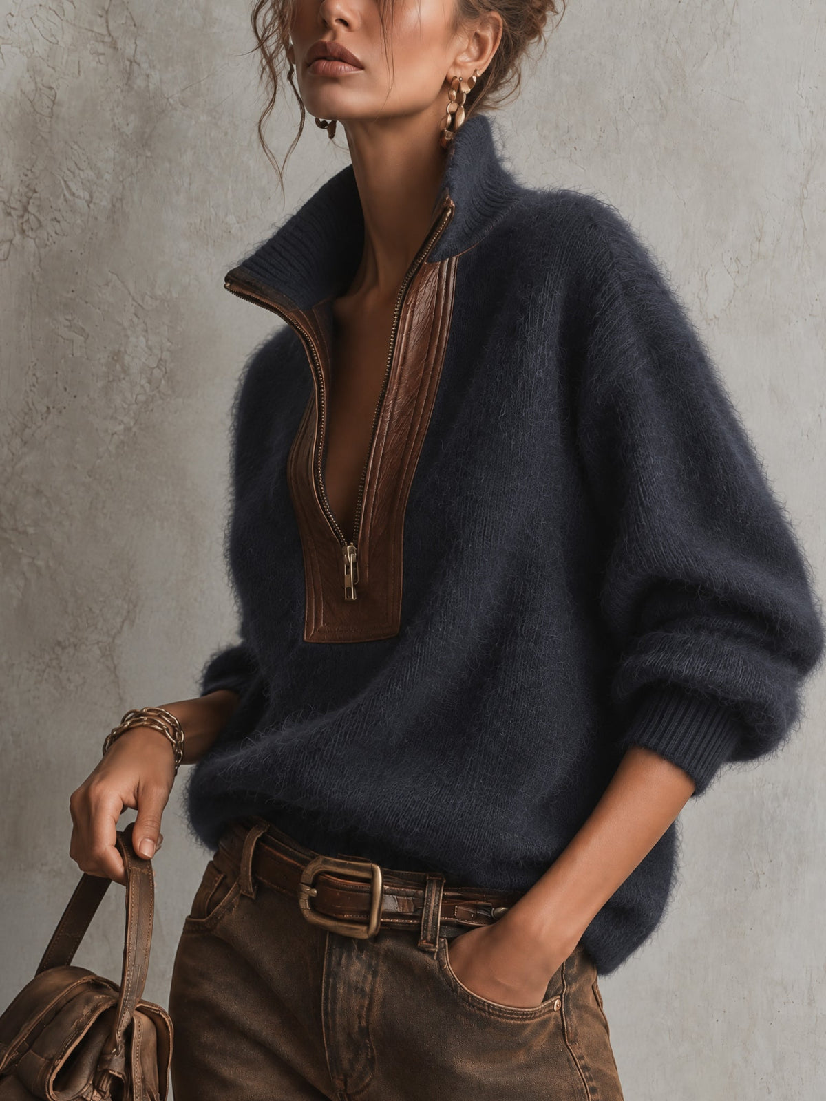 Pull en Mohair Oversize avec Détails en Cuir PU et Zip Demi