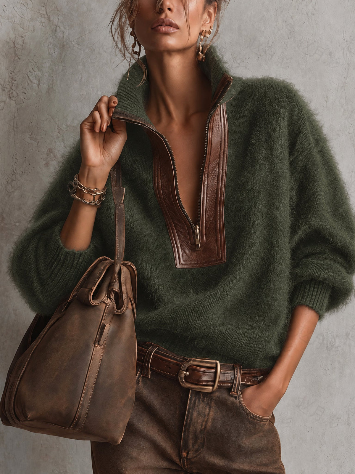 Pull en Mohair Oversize avec Détails en Cuir PU et Zip Demi