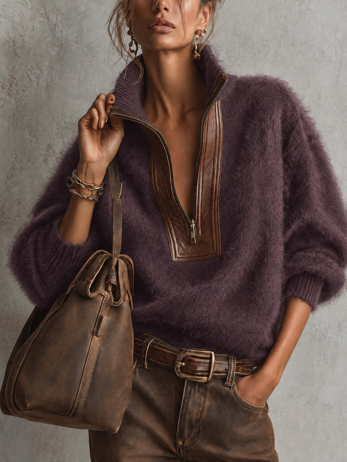 Pull en Mohair Oversize avec Détails en Cuir PU et Zip Demi