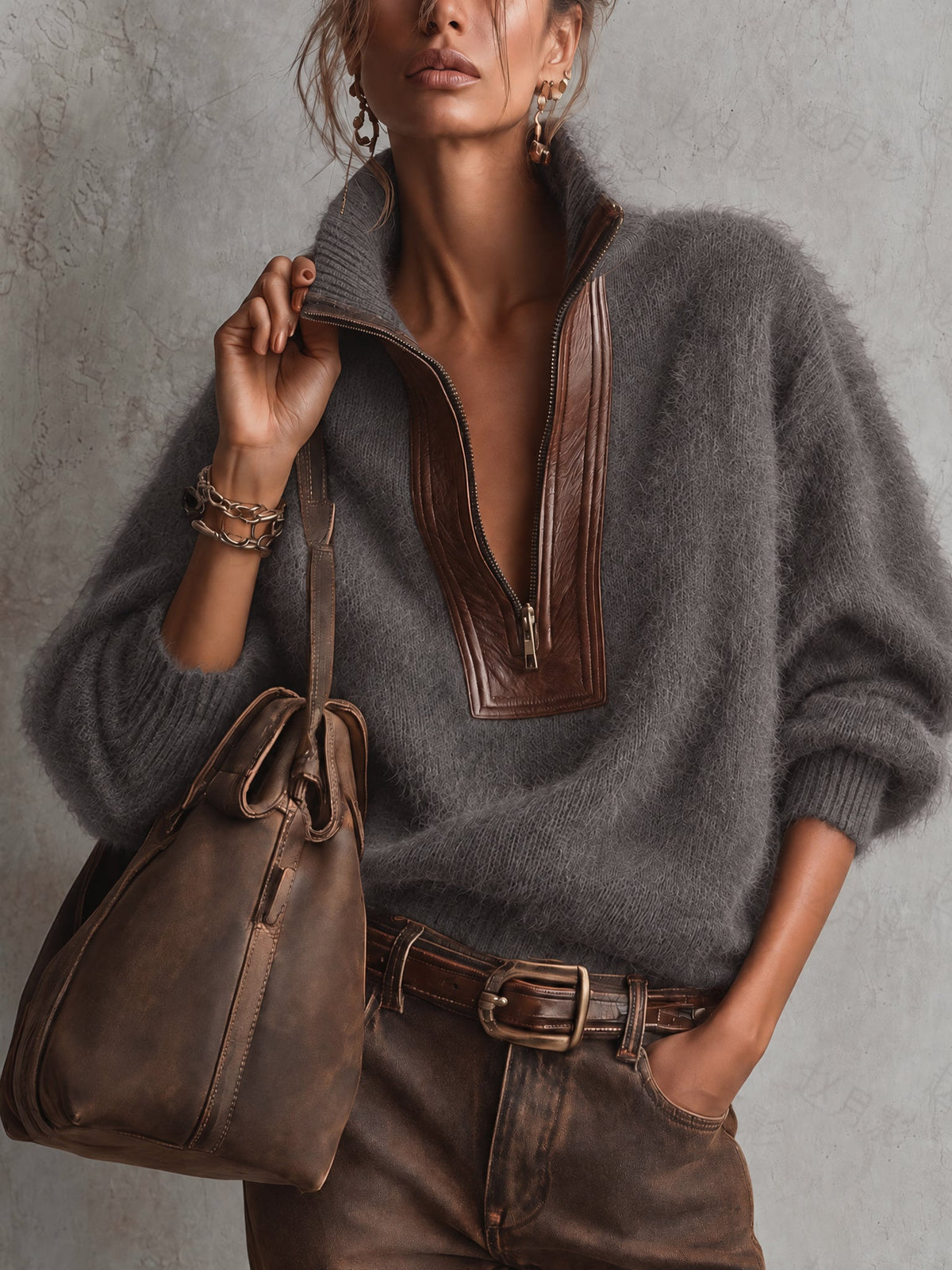 Pull en Mohair Oversize avec Détails en Cuir PU et Zip Demi