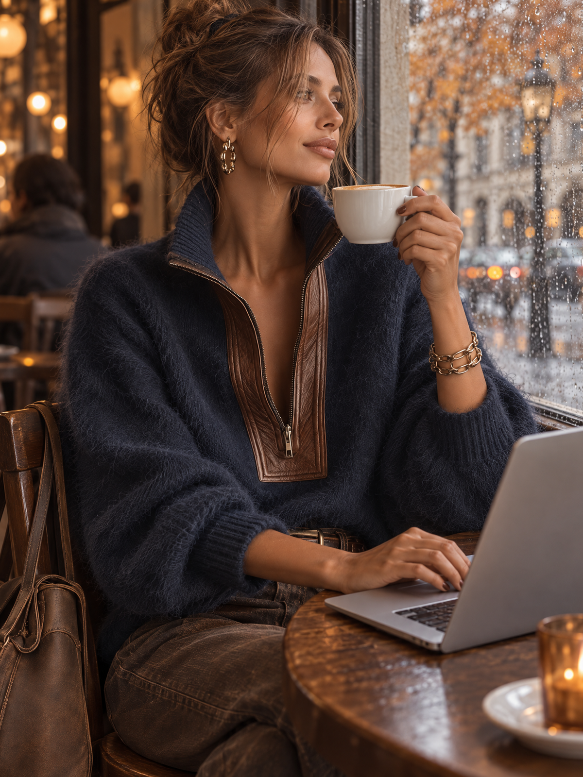 Pull en Mohair Oversize avec Détails en Cuir PU et Zip Demi