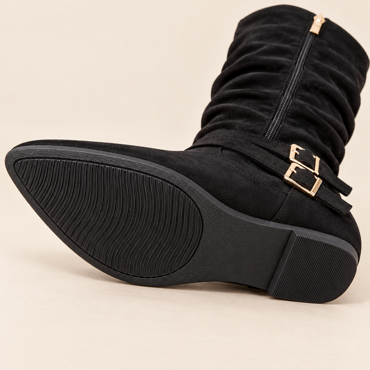Bottes en Suède pour Femmes, Hautes jusqu'au Genou, avec Doubles Boucles, Fermeture Éclair Latérale et Talon Plat