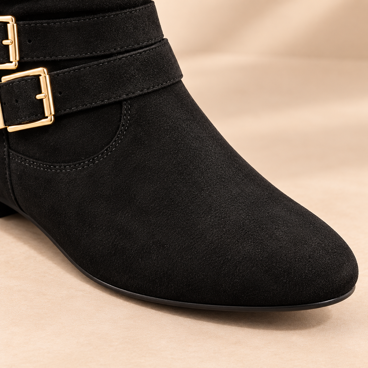 Bottes en Suède pour Femmes, Hautes jusqu'au Genou, avec Doubles Boucles, Fermeture Éclair Latérale et Talon Plat