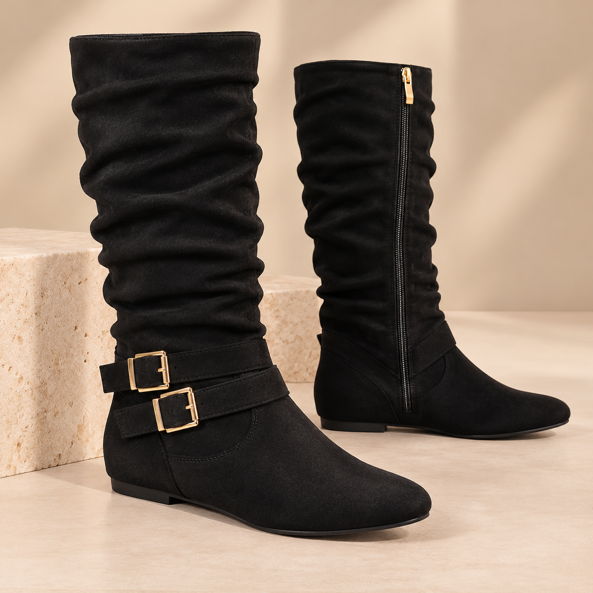 Bottes en Suède pour Femmes, Hautes jusqu'au Genou, avec Doubles Boucles, Fermeture Éclair Latérale et Talon Plat