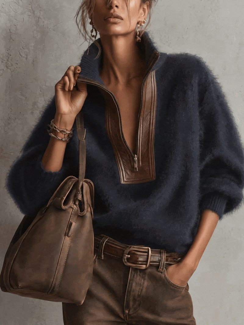 Pull en Mohair Oversize avec Détails en Cuir PU et Zip Demi