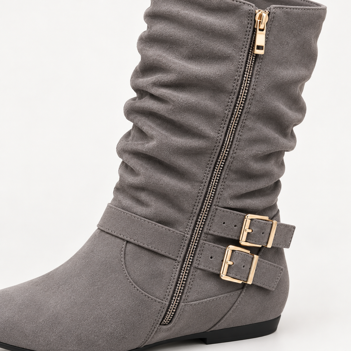 Bottes en Suède pour Femmes, Hautes jusqu'au Genou, avec Doubles Boucles, Fermeture Éclair Latérale et Talon Plat