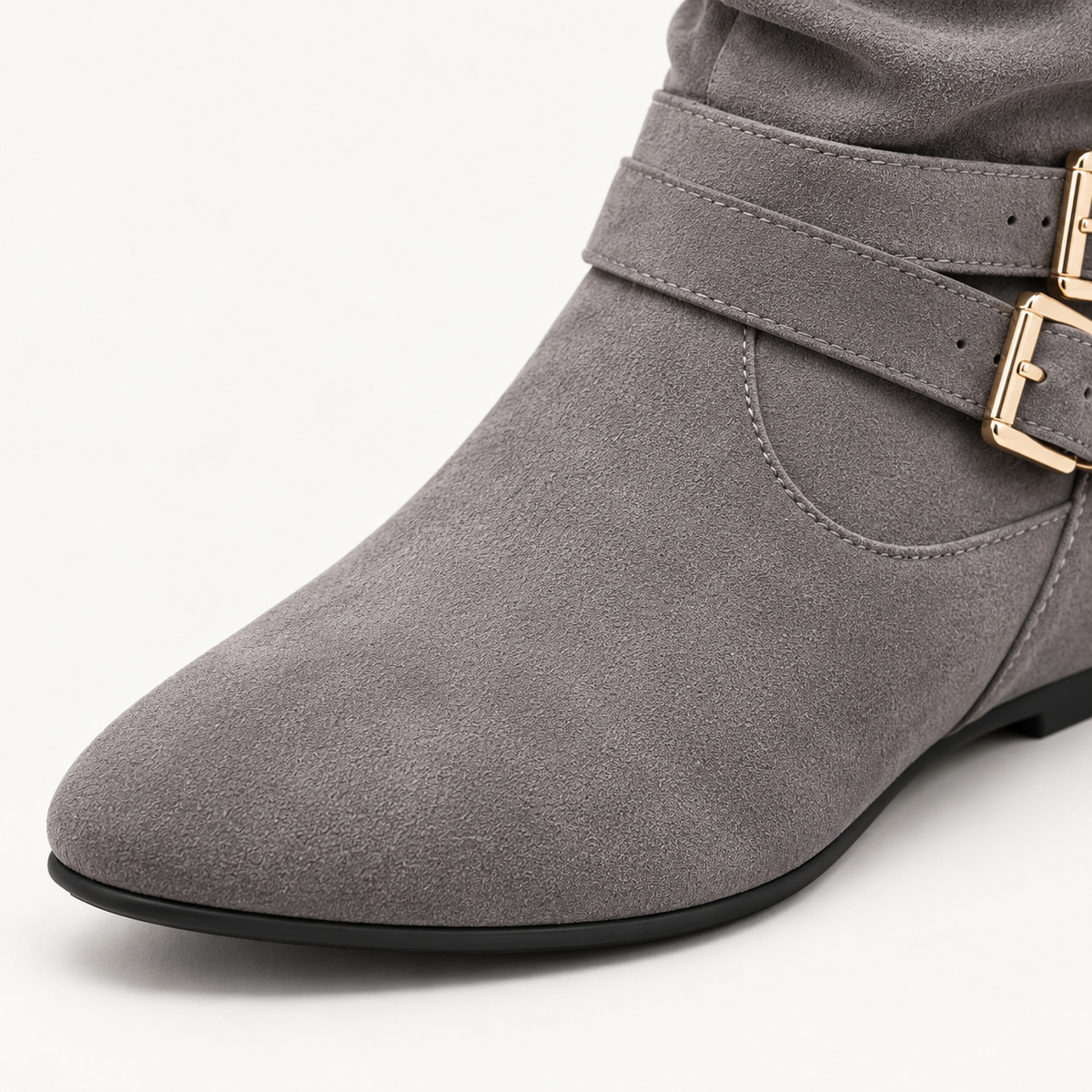 Bottes en Suède pour Femmes, Hautes jusqu'au Genou, avec Doubles Boucles, Fermeture Éclair Latérale et Talon Plat