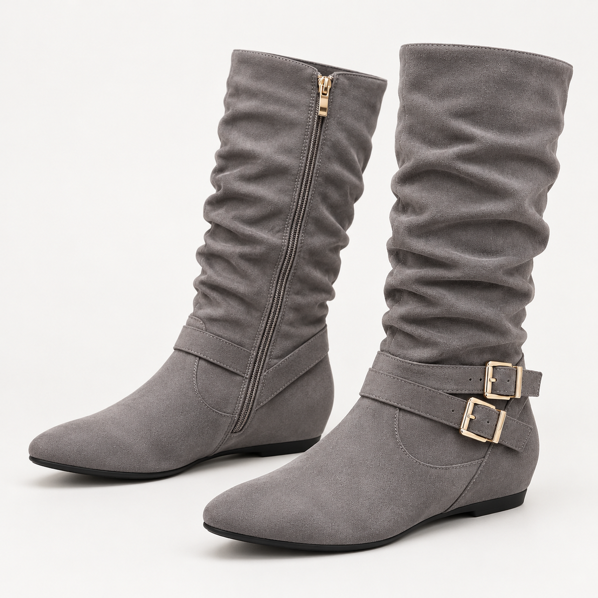 Bottes en Suède pour Femmes, Hautes jusqu'au Genou, avec Doubles Boucles, Fermeture Éclair Latérale et Talon Plat