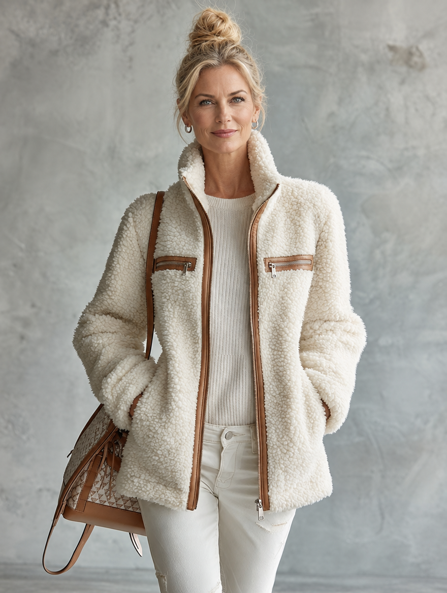 Veste à poche zippée en polaire écrue color-block marron rétro chic