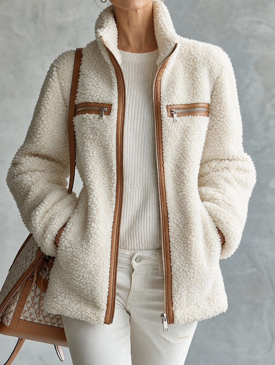 Veste à poche zippée en polaire écrue color-block marron rétro chic