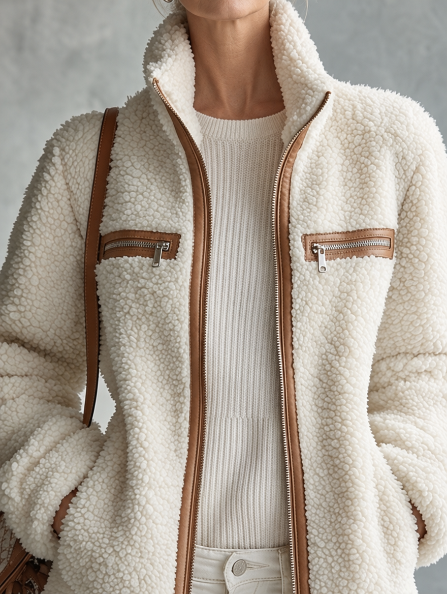Veste à poche zippée en polaire écrue color-block marron rétro chic