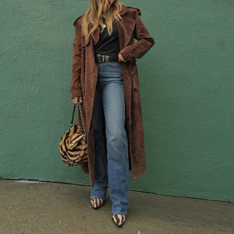 Odette | Long Suede Effect Trench Coat with Belt