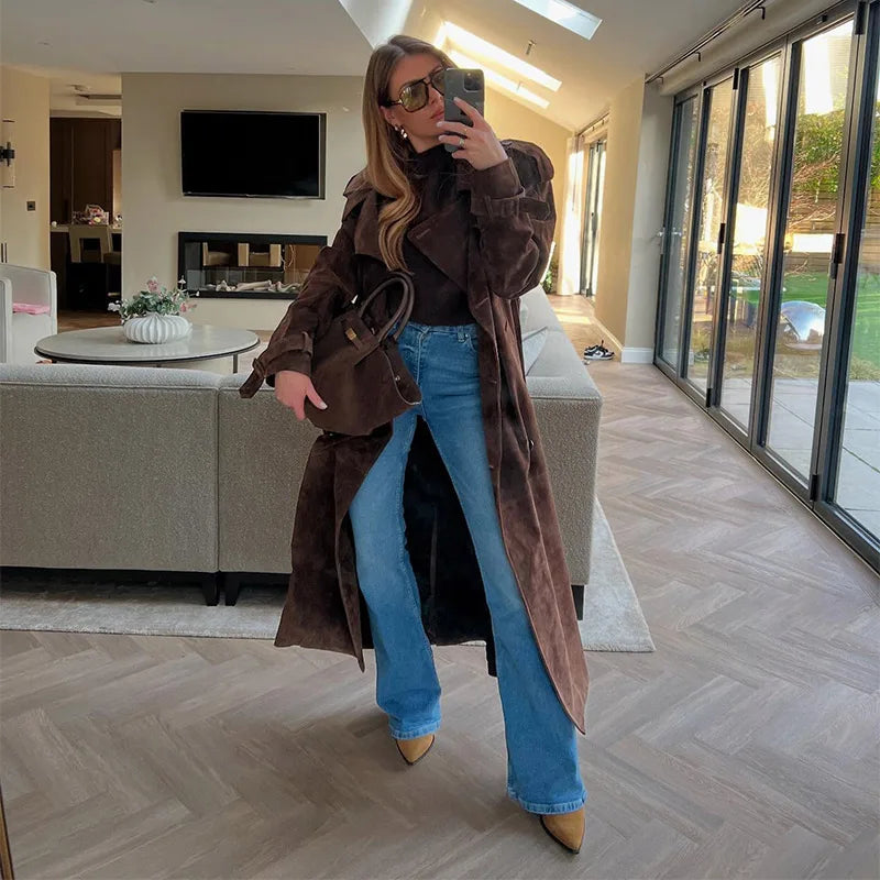 Odette | Long Suede Effect Trench Coat with Belt