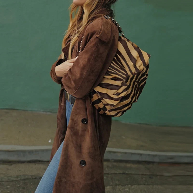 Odette | Long Suede Effect Trench Coat with Belt