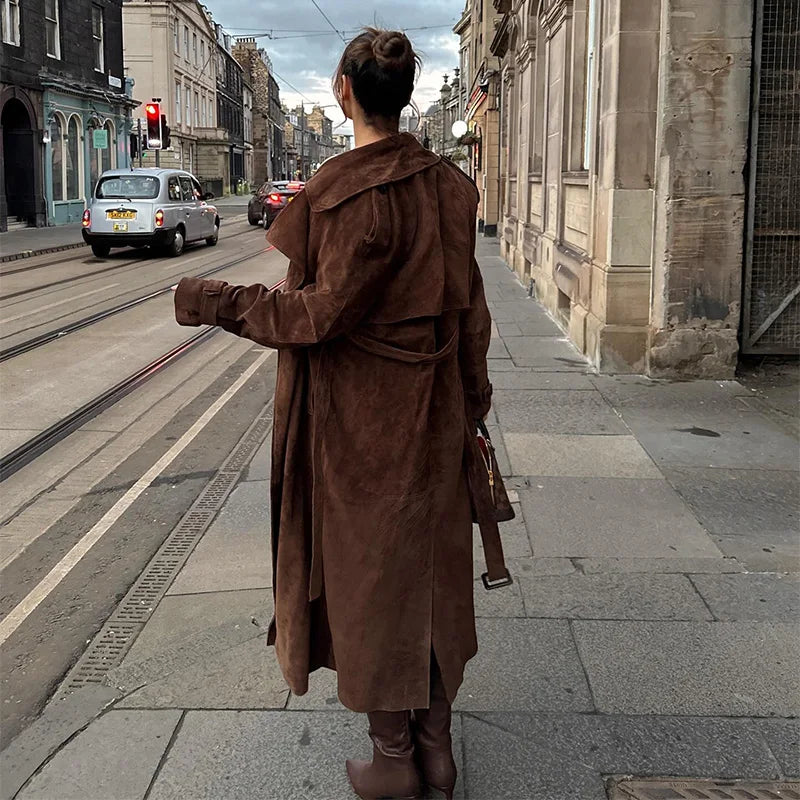 Odette | Long Suede Effect Trench Coat with Belt