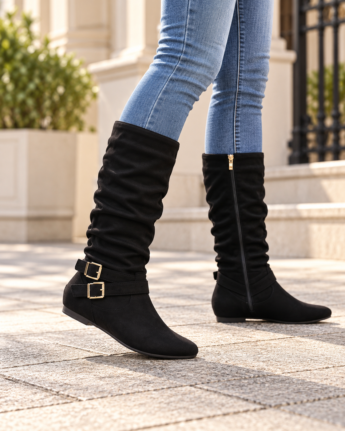 Bottes en Suède pour Femmes, Hautes jusqu'au Genou, avec Doubles Boucles, Fermeture Éclair Latérale et Talon Plat